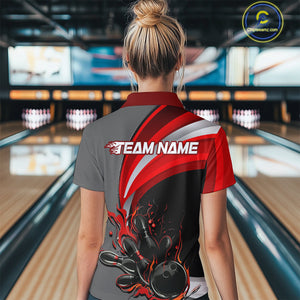 Custom Black, Red And Gray Flame Bowling Women Quarter-Zip Shirt, Bowling League Shirt IPHW9273