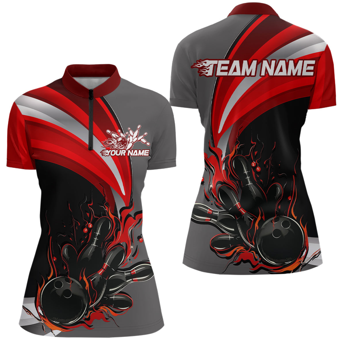 Custom Black, Red And Gray Flame Bowling Women Quarter-Zip Shirt, Bowling League Shirt IPHW9273