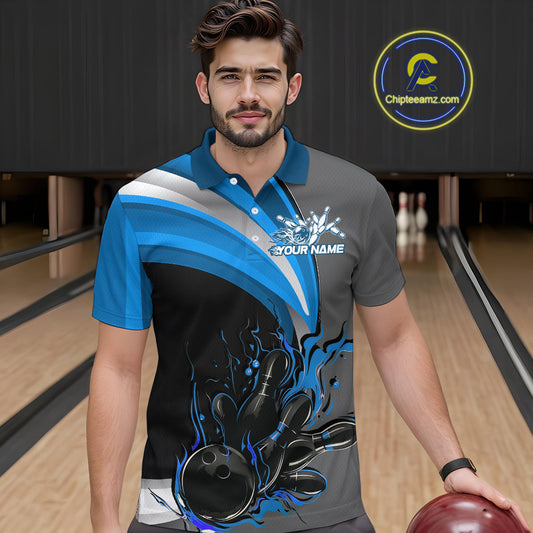 Custom Black, Blue And Gray Flame Bowling Polo Shirts For Men, Bowling Team League Shirt IPHW9274