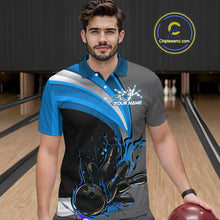 Load image into Gallery viewer, Custom Black, Blue And Gray Flame Bowling Polo Shirts For Men, Bowling Team League Shirt IPHW9274