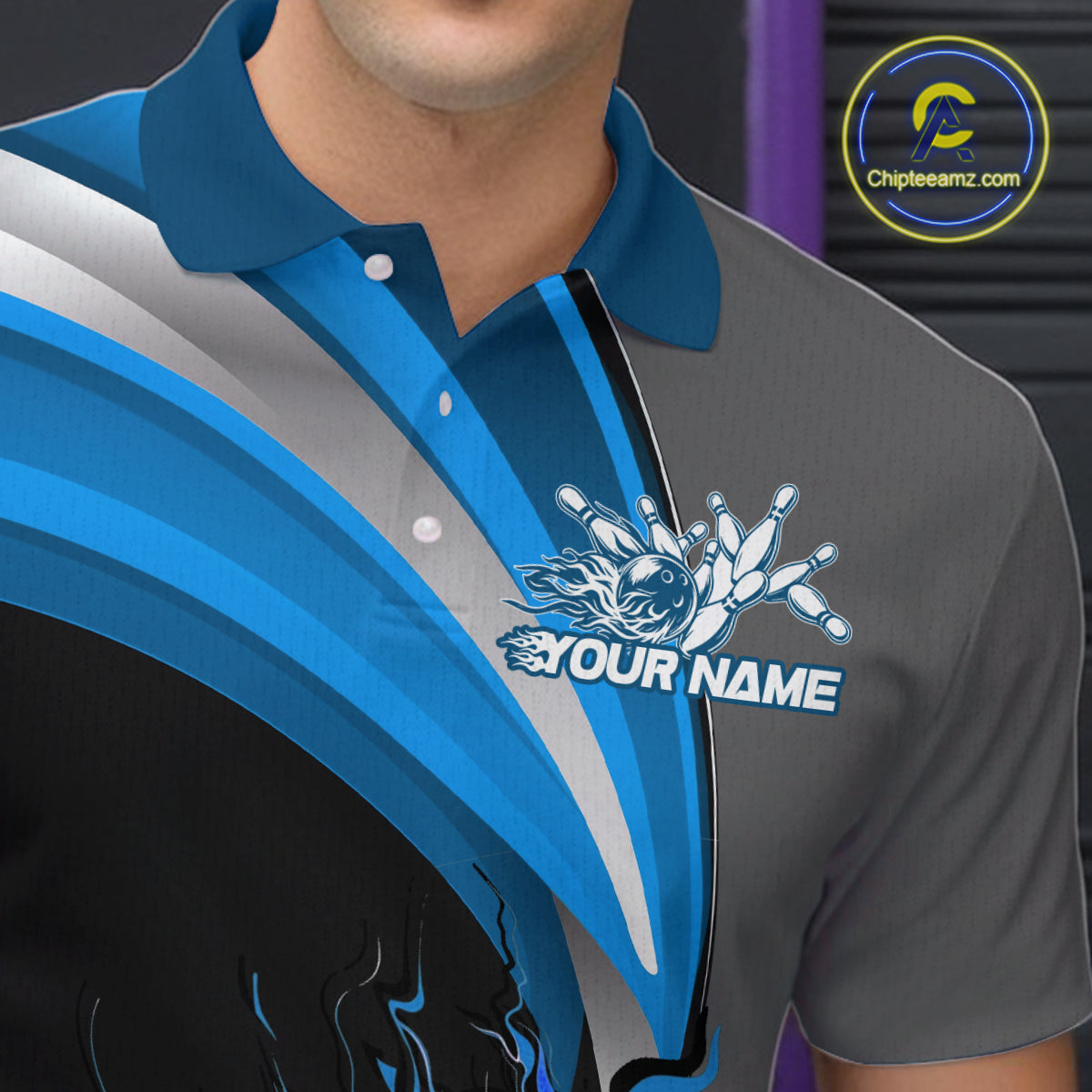 Custom Black, Blue And Gray Flame Bowling Polo Shirts For Men, Bowling Team League Shirt IPHW9274