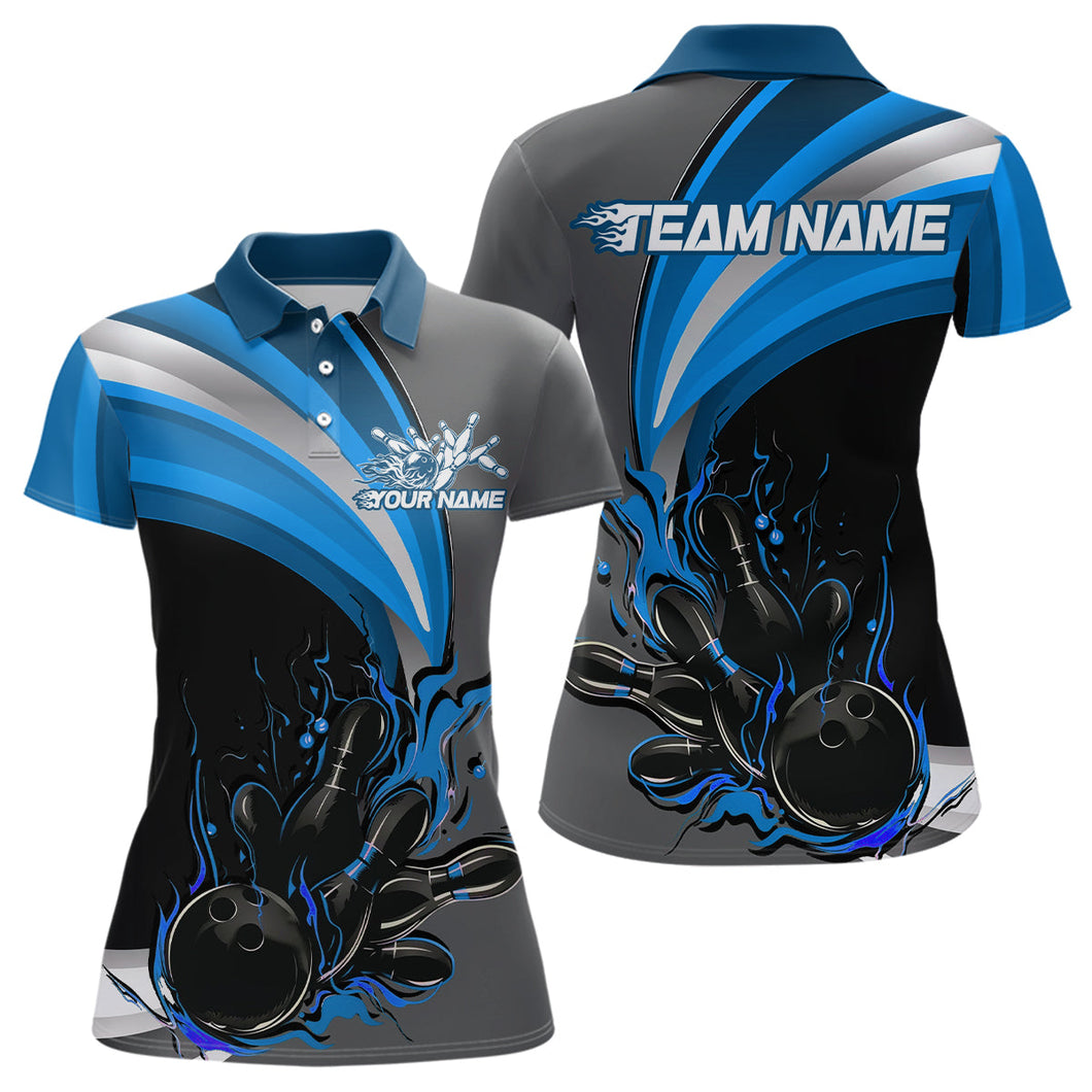 Custom Black, Blue And Gray Flame Bowling Polo Shirt For Women, Bowling Team League Shirt IPHW9274