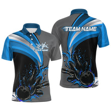 Load image into Gallery viewer, Custom Black, Blue And Gray Flame Bowling Polo Shirts For Men, Bowling Team League Shirt IPHW9274