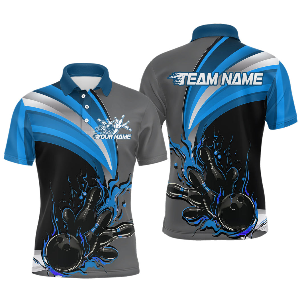Custom Black, Blue And Gray Flame Bowling Polo Shirts For Men, Bowling Team League Shirt IPHW9274