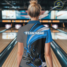 Load image into Gallery viewer, Custom Black, Blue And Gray Flame Bowling Women Quarter-Zip Shirt, Bowling League Shirt IPHW9274