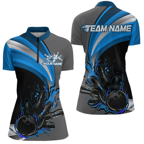 Custom Black, Blue And Gray Flame Bowling Women Quarter-Zip Shirt, Bowling League Shirt IPHW9274