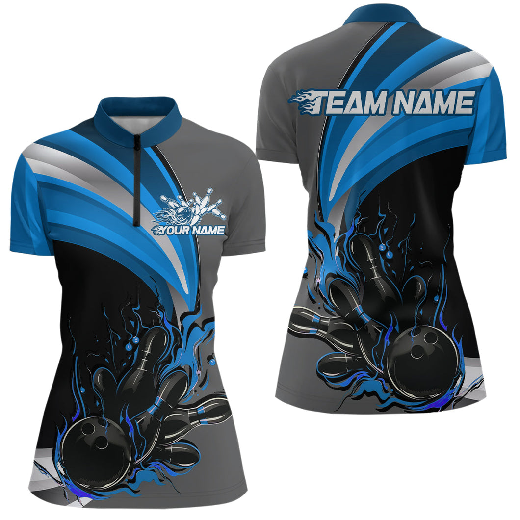 Custom Black, Blue And Gray Flame Bowling Women Quarter-Zip Shirt, Bowling League Shirt IPHW9274