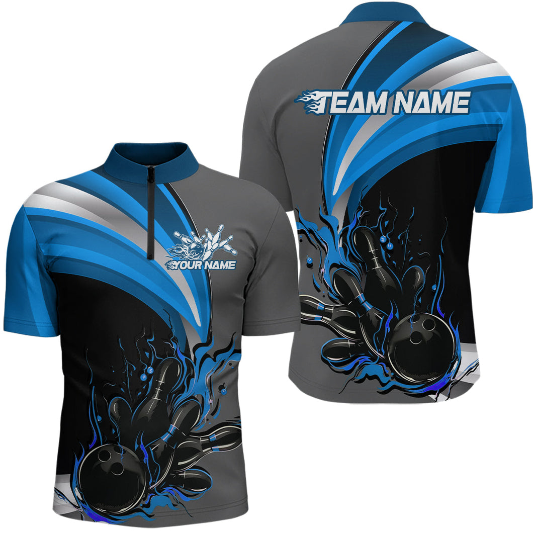 Custom Black, Blue And Gray Flame Bowling Quarter-Zip Shirts For Men, Bowling Team League Shirt IPHW9274