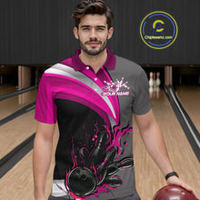 Load image into Gallery viewer, Custom Black, Pink And Gray Flame Bowling Polo Shirts For Men, Bowling Team League Shirt IPHW9275
