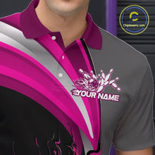 Load image into Gallery viewer, Custom Black, Pink And Gray Flame Bowling Polo Shirts For Men, Bowling Team League Shirt IPHW9275