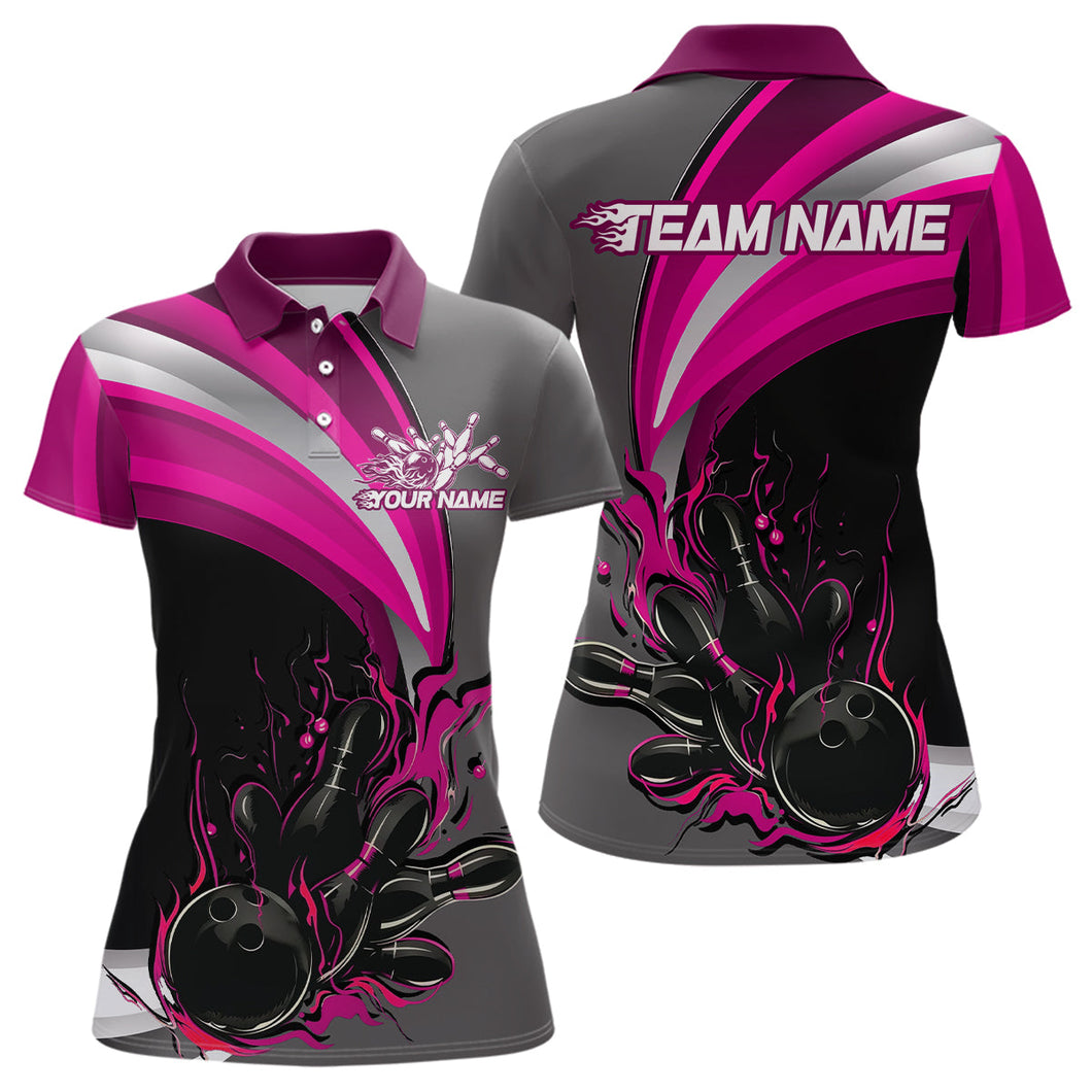 Custom Black, Pink And Gray Flame Bowling Polo Shirt For Women, Bowling Team League Shirt IPHW9275