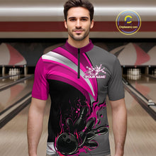 Load image into Gallery viewer, Custom Black, Pink And Gray Flame Bowling Quarter-Zip Shirts For Men, Bowling Team League Shirt IPHW9275