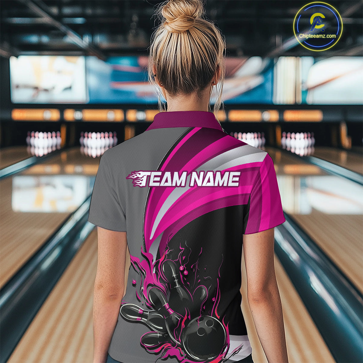 Custom Black, Pink And Gray Flame Bowling Women Quarter-Zip Shirt, Bowling League Shirt IPHW9275