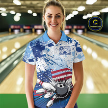 Load image into Gallery viewer, Custom Blue Camo Patriotic Bowling Polo Shirts For Women, Bowling Team Uniform IPHW9595