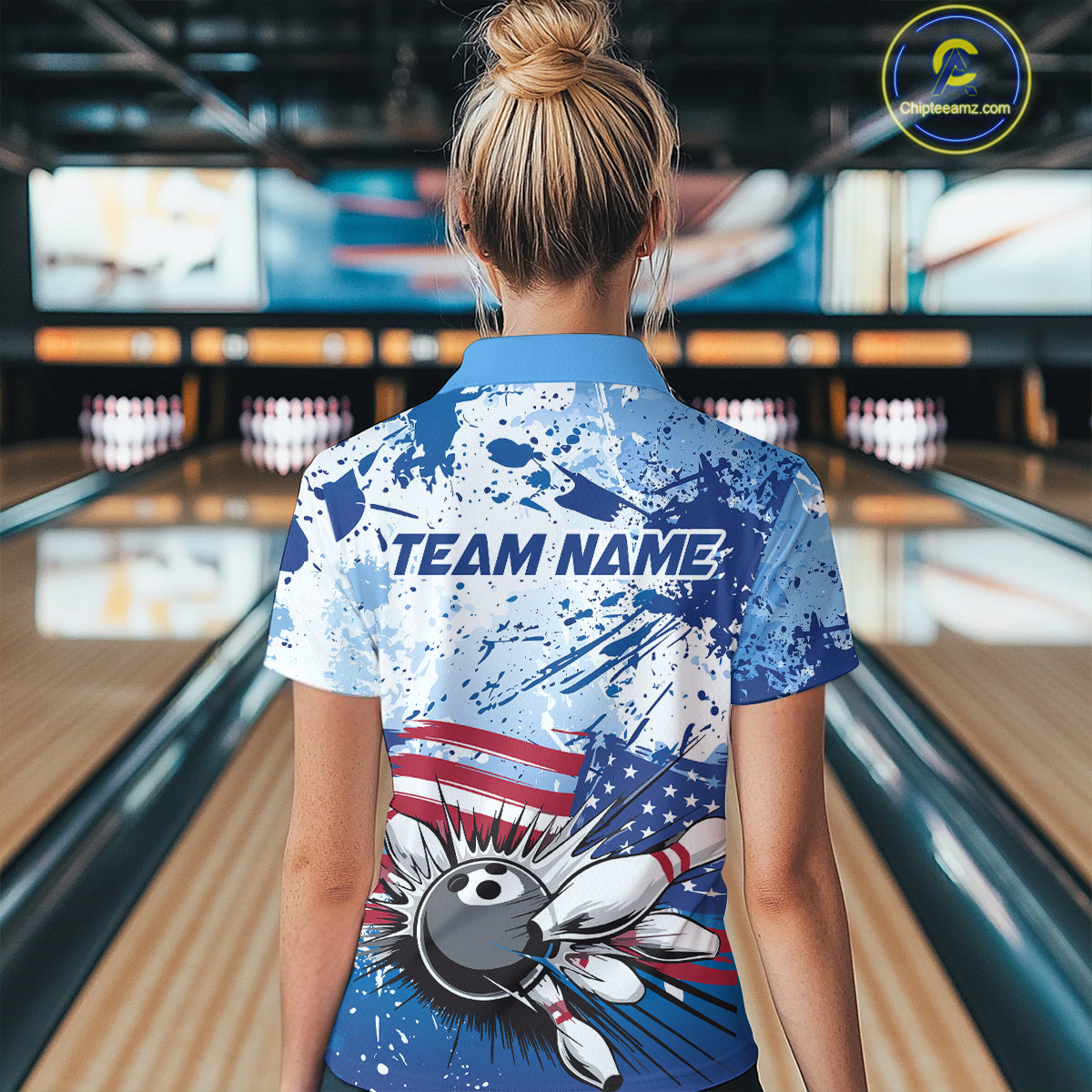 Custom Blue Camo Patriotic Bowling Polo Shirts For Women, Bowling Team Uniform IPHW9595