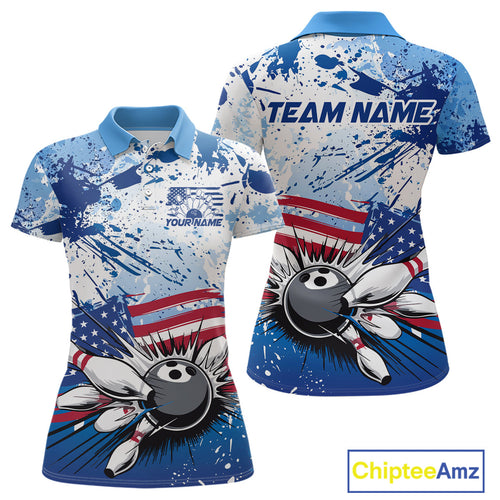 Custom Blue Camo Patriotic Bowling Polo Shirts For Women, Bowling Team Uniform IPHW9595