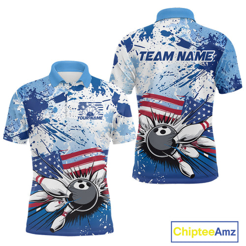 Custom Blue Camo Patriotic Bowling Polo Shirts For Men, Bowling Team Uniform IPHW9595