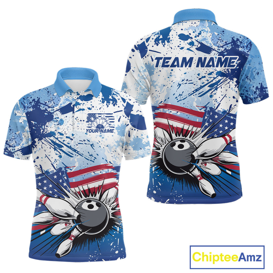 Custom Blue Camo Patriotic Bowling Polo Shirts For Men, Bowling Team Uniform IPHW9595