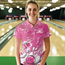 Load image into Gallery viewer, Custom White And Pink Bowling Team Women Polo Shirts, Bowling Ball And Pins Jerseys IPHW9601