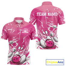 Load image into Gallery viewer, Custom White And Pink Bowling Team Men Polo Shirts, Bowling Ball And Pins Jerseys IPHW9601