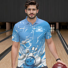 Load image into Gallery viewer, Custom White And Blue Bowling Team Men Polo Shirts, Bowling Ball And Pins Jerseys IPHW9602
