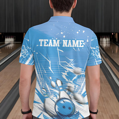 Custom White And Blue Bowling Team Men Polo Shirts, Bowling Ball And Pins Jerseys IPHW9602