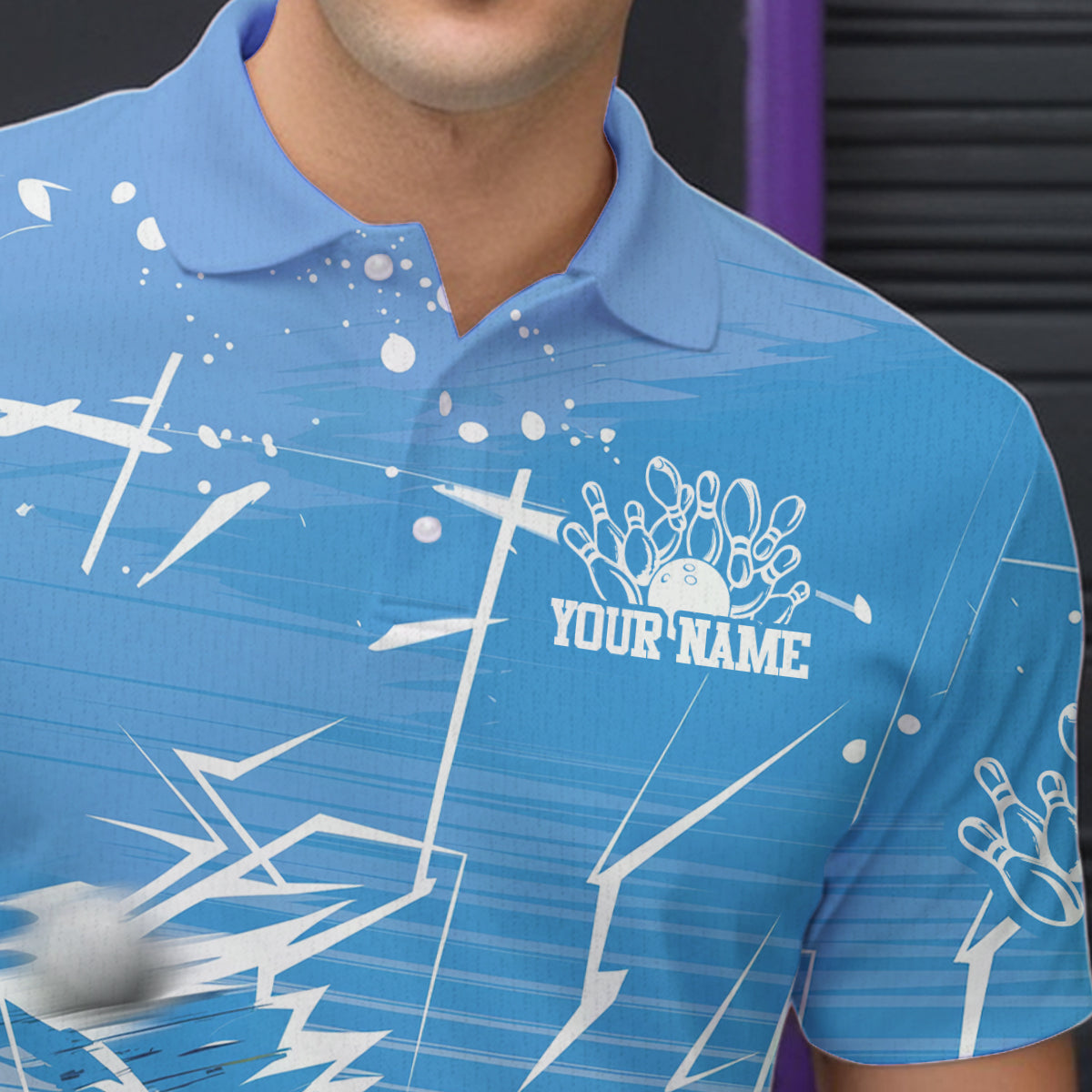 Custom White And Blue Bowling Team Men Polo Shirts, Bowling Ball And Pins Jerseys IPHW9602