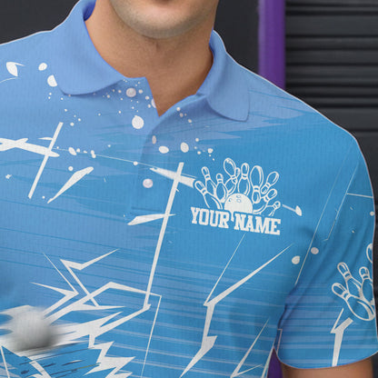 Custom White And Blue Bowling Team Men Polo Shirts, Bowling Ball And Pins Jerseys IPHW9602