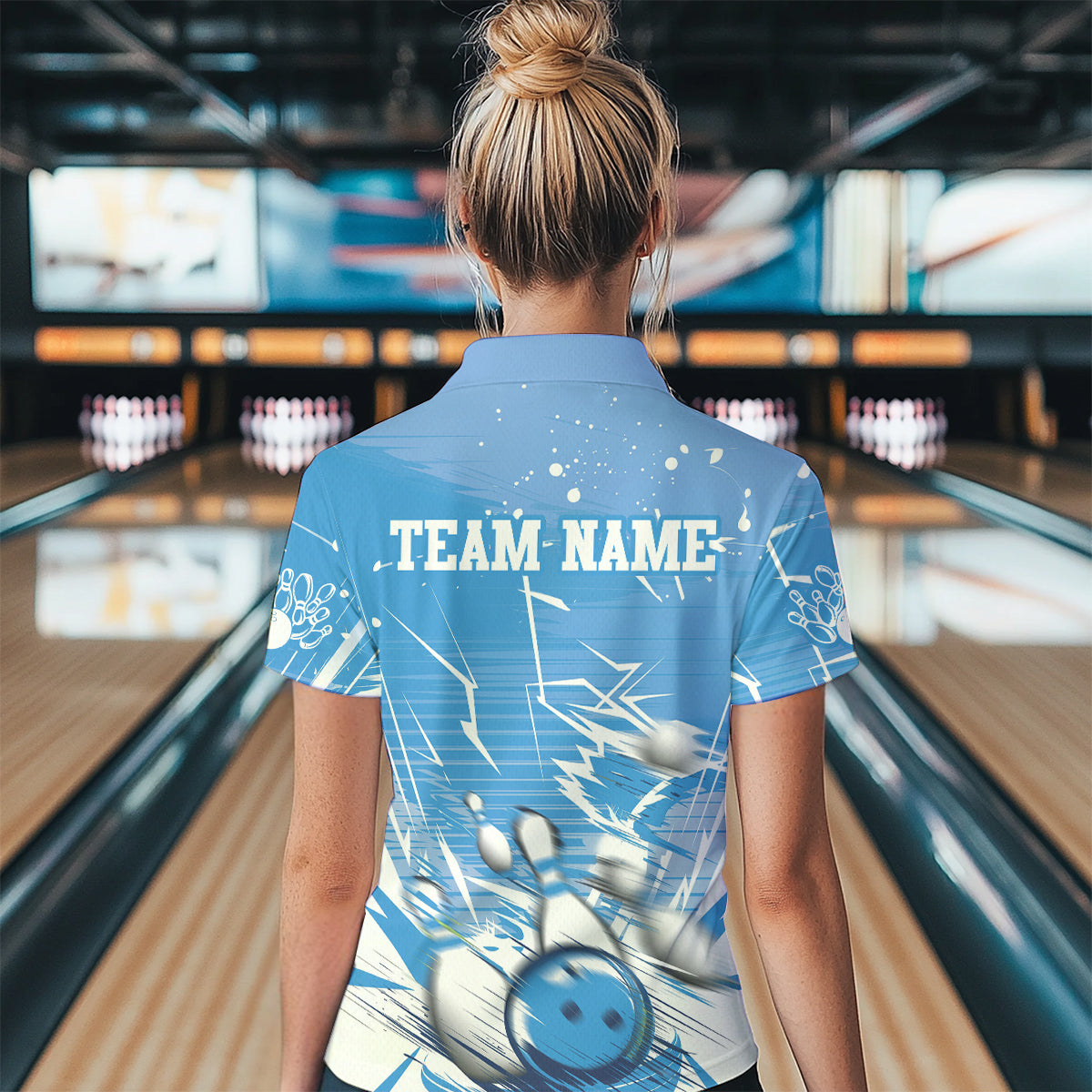 Custom White And Blue Bowling Team Women Polo Shirts, Bowling Ball And Pins Jerseys IPHW9602