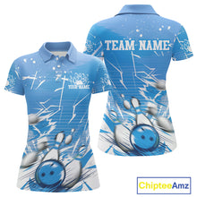 Load image into Gallery viewer, Custom White And Blue Bowling Team Women Polo Shirts, Bowling Ball And Pins Jerseys IPHW9602