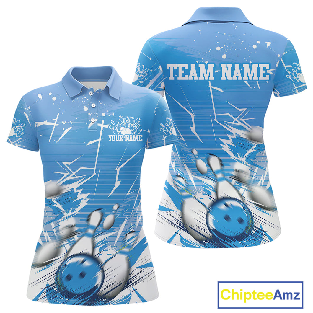Custom White And Blue Bowling Team Women Polo Shirts, Bowling Ball And Pins Jerseys IPHW9602