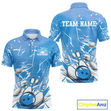 Load image into Gallery viewer, Custom White And Blue Bowling Team Men Polo Shirts, Bowling Ball And Pins Jerseys IPHW9602