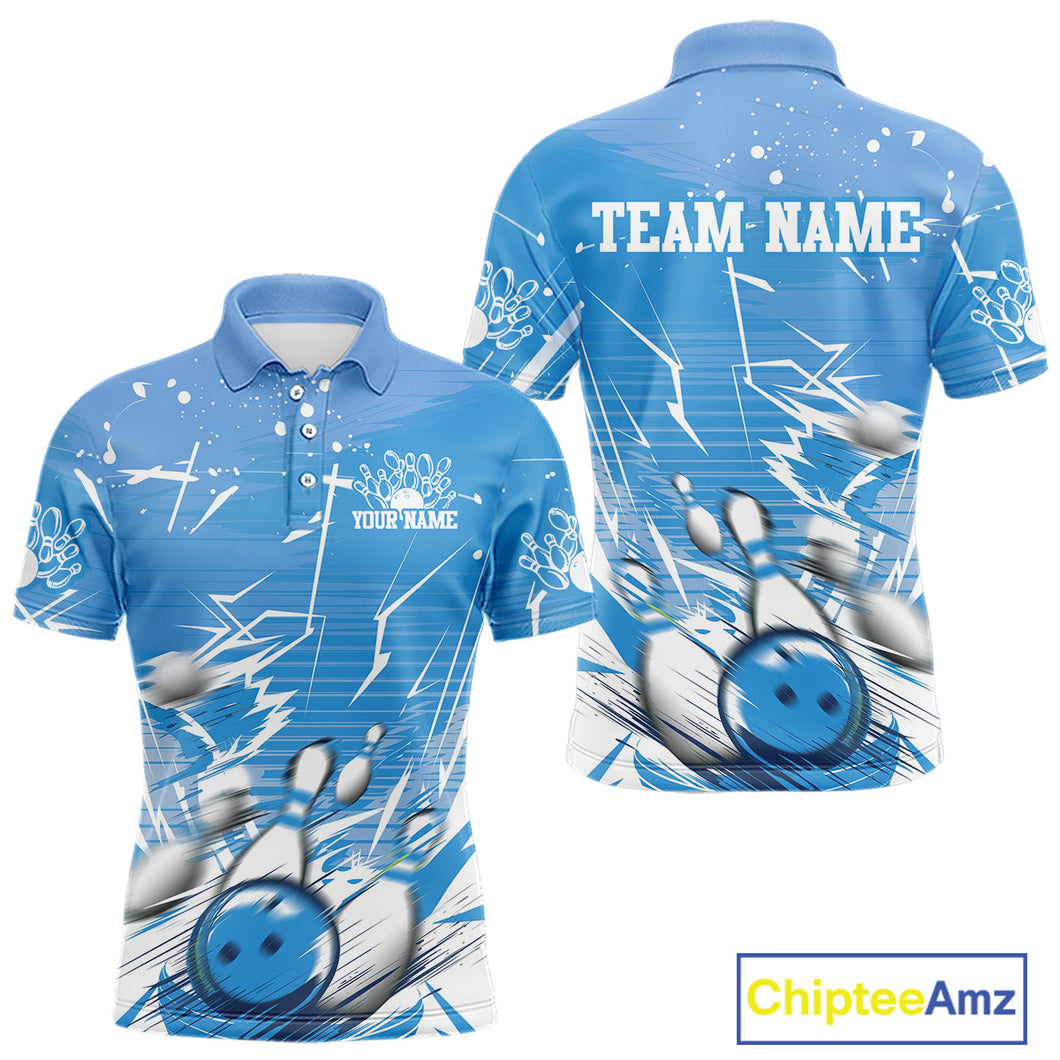 Custom White And Blue Bowling Team Men Polo Shirts, Bowling Ball And Pins Jerseys IPHW9602