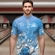 Load image into Gallery viewer, Custom White And Blue Bowling Team Men Quarter-Zip Shirts, Bowling Ball And Pins Jerseys IPHW9602