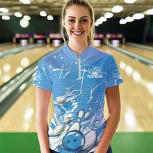 Load image into Gallery viewer, Custom White And Blue Bowling Team Women Quarter-Zip Shirt, Bowling Ball And Pins Jerseys IPHW9602