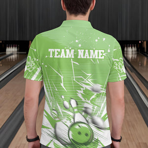 Custom White And Green Bowling Team Men Polo Shirts, Bowling Ball And Pins Jerseys IPHW9603