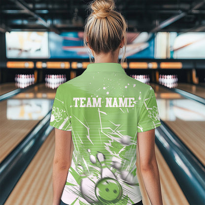 Custom White And Green Bowling Team Women Polo Shirts, Bowling Ball And Pins Jerseys IPHW9603