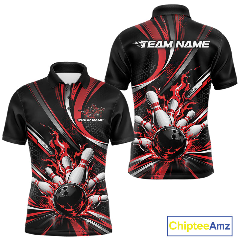 Custom Black And Red Flame Bowling Team Men Polo Shirt, Bowling Tournament Jersey IPHW12852