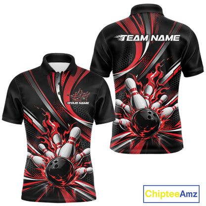Custom Black And Red Flame Bowling Team Men Polo Shirt, Bowling Tournament Jersey IPHW12852