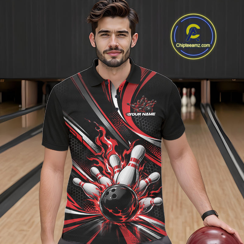 Custom Black And Red Flame Bowling Team Men Polo Shirt, Bowling Tournament Jersey IPHW12852