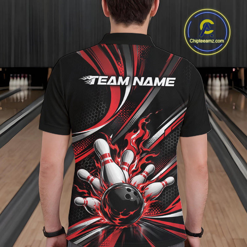 Custom Black And Red Flame Bowling Team Men Polo Shirt, Bowling Tournament Jersey IPHW12852