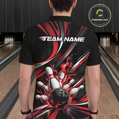 Custom Black And Red Flame Bowling Team Men Polo Shirt, Bowling Tournament Jersey IPHW12852