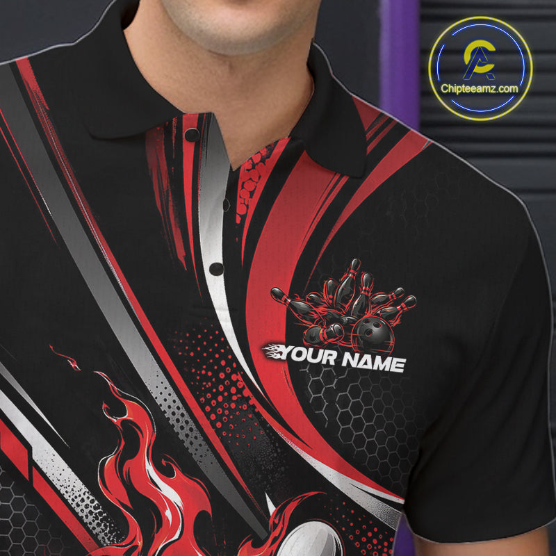Custom Black And Red Flame Bowling Team Men Polo Shirt, Bowling Tournament Jersey IPHW12852