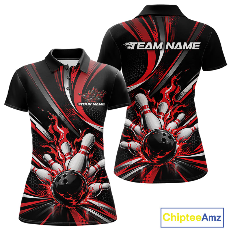 Custom Black And Red Flame Bowling Team Women Polo Shirt, Bowling Tournament Jersey IPHW12852