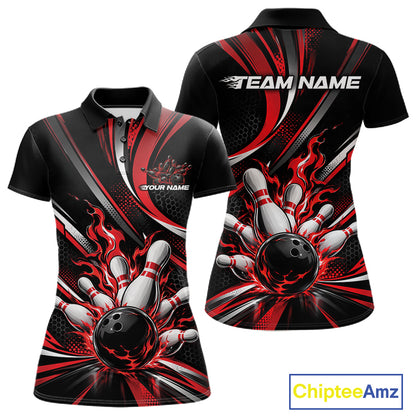 Custom Black And Red Flame Bowling Team Women Polo Shirt, Bowling Tournament Jersey IPHW12852