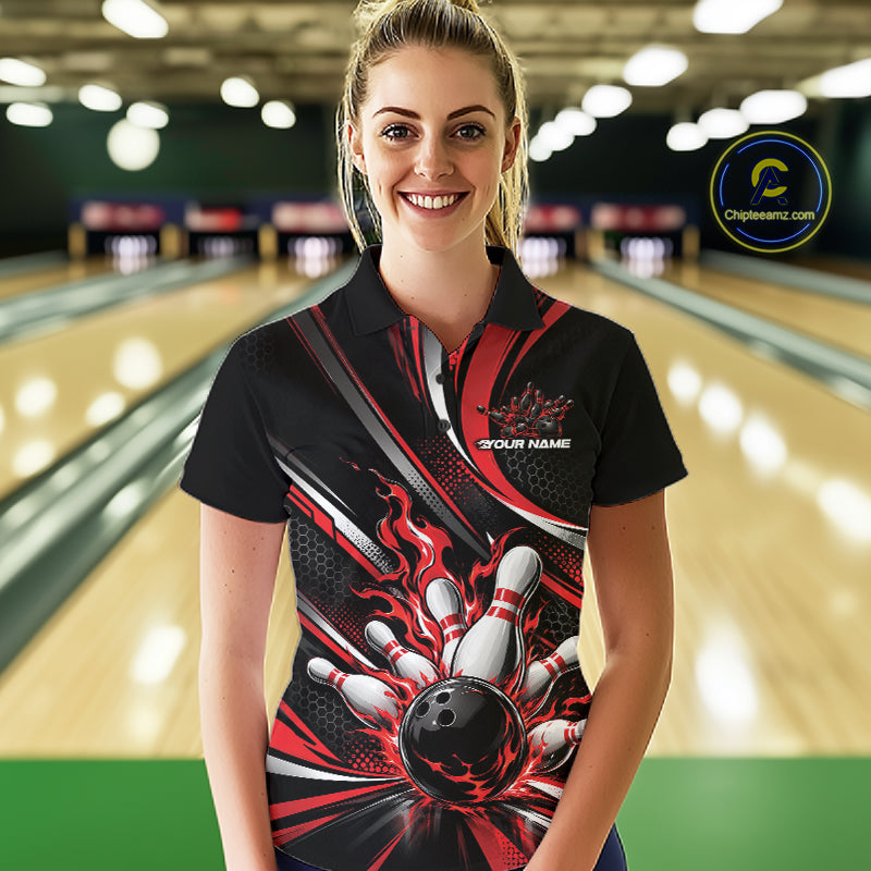Custom Black And Red Flame Bowling Team Women Polo Shirt, Bowling Tournament Jersey IPHW12852
