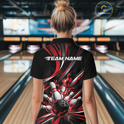 Custom Black And Red Flame Bowling Team Women Polo Shirt, Bowling Tournament Jersey IPHW12852