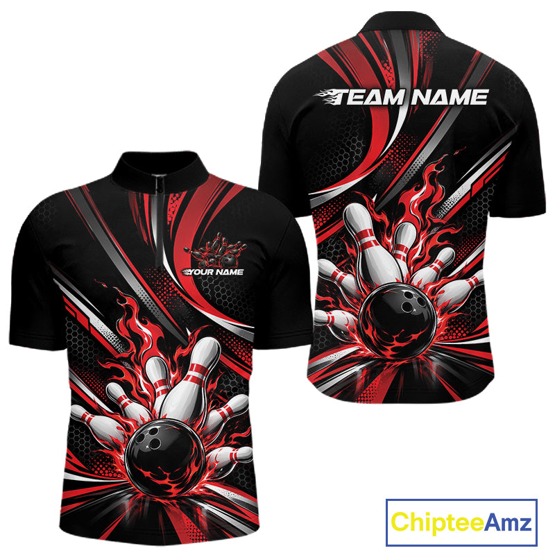 Custom Black And Red Flame Bowling Team Men Quarter Zip Shirt, Bowling Tournament Jersey IPHW12852
