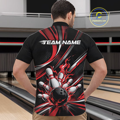 Custom Black And Red Flame Bowling Team Men Quarter Zip Shirt, Bowling Tournament Jersey IPHW12852