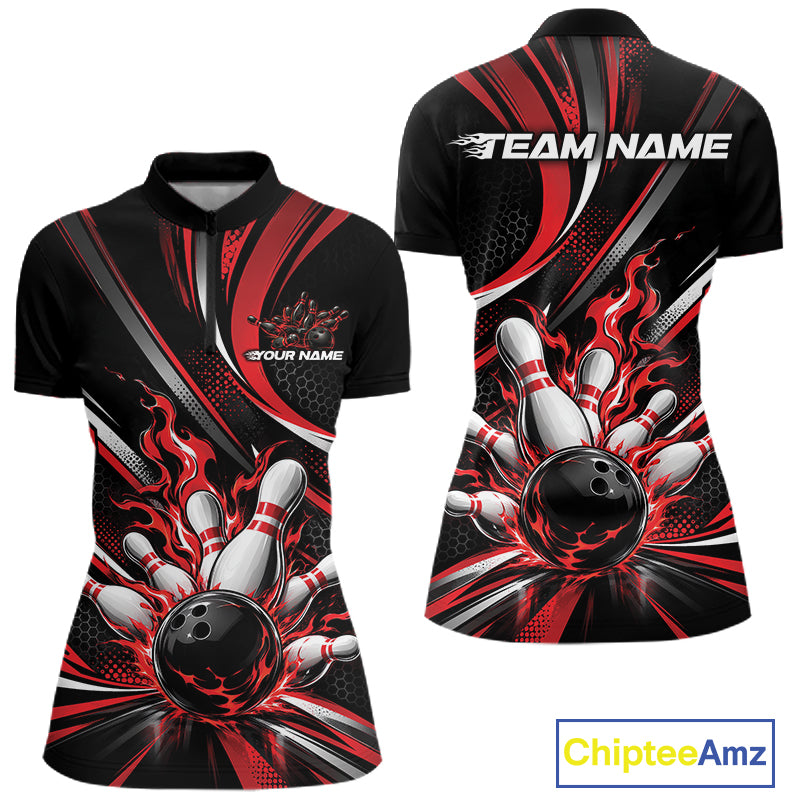 Custom Black And Red Flame Bowling Women Quarter-Zip Shirt, Bowling Tournament Jersey IPHW12852